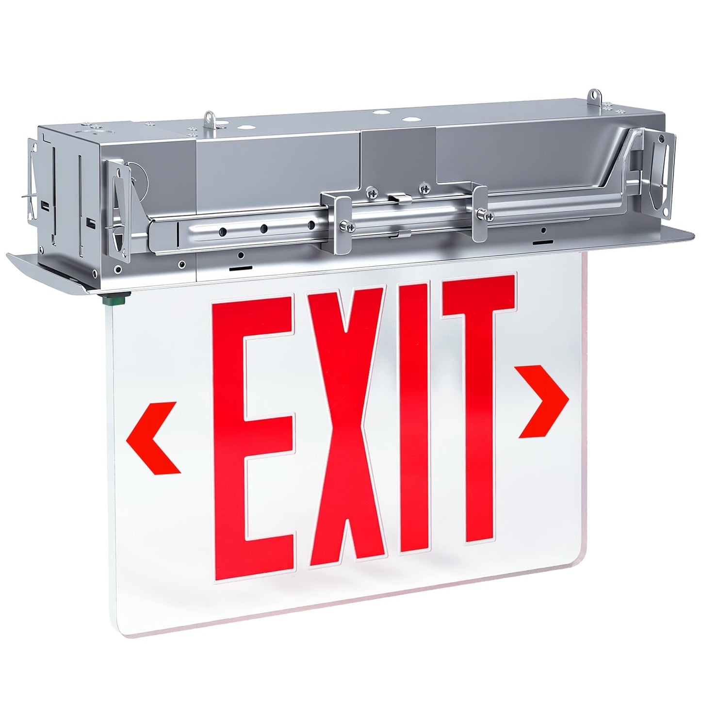 LED Exit Sign LED Edge-Lit Exit Sign Emergency Light, 120-347V, Recessed Mount Emergency Light, Aluminum Housing, Single Face Acrylic Panel, Red Letters, with Battery Backup