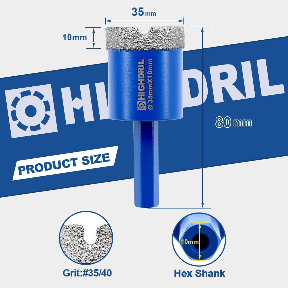 HIGHDRIL Diamond Drill Bits Kit with 5/8-11 for Porcelain Tile Ceramic Marble Brick Concrete Vacuum Brazed Hole Saw(6/8/10/20/35/50/65/100mm+50mm Chamfer Bit+20mm Finger Bit+Adapter)