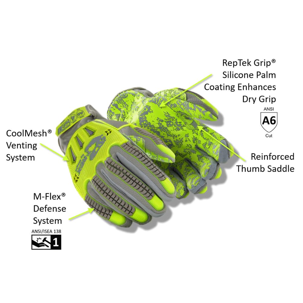 MAGID TRX746 Windstorm Series Impact Gloves | ANSI A6 Cut Resistant Hi-Viz Safety Work Gloves with Cool Mesh Venting, Grey/Yellow/Camo, Size 9/L (12 Pairs)