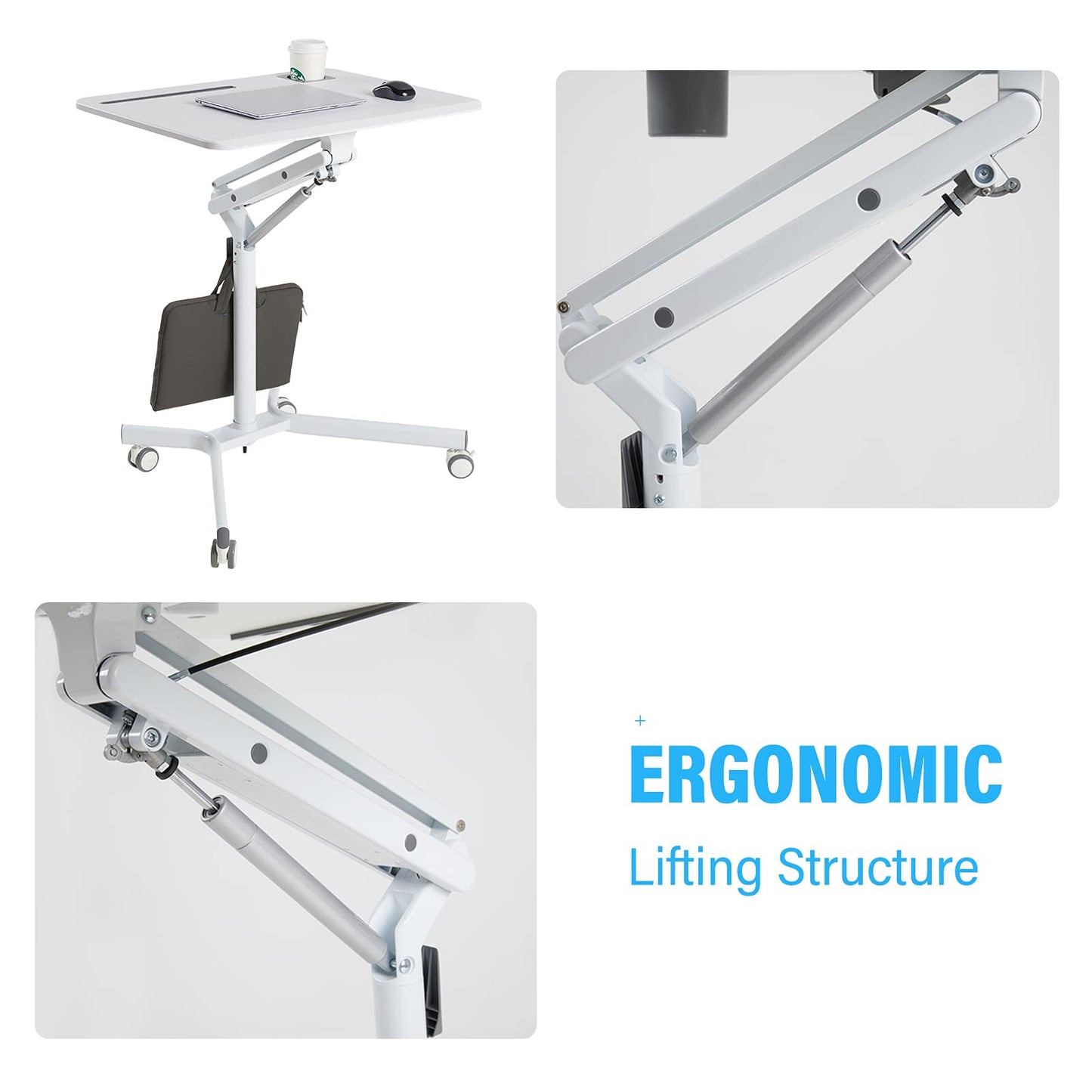 Lipo Mobile Sit Stand Desk - Height Adjustable Standing Laptop Desk Cart Rolling Couch Table on Wheels White Workstation with Gas Spring Riser for Home Office Classroom