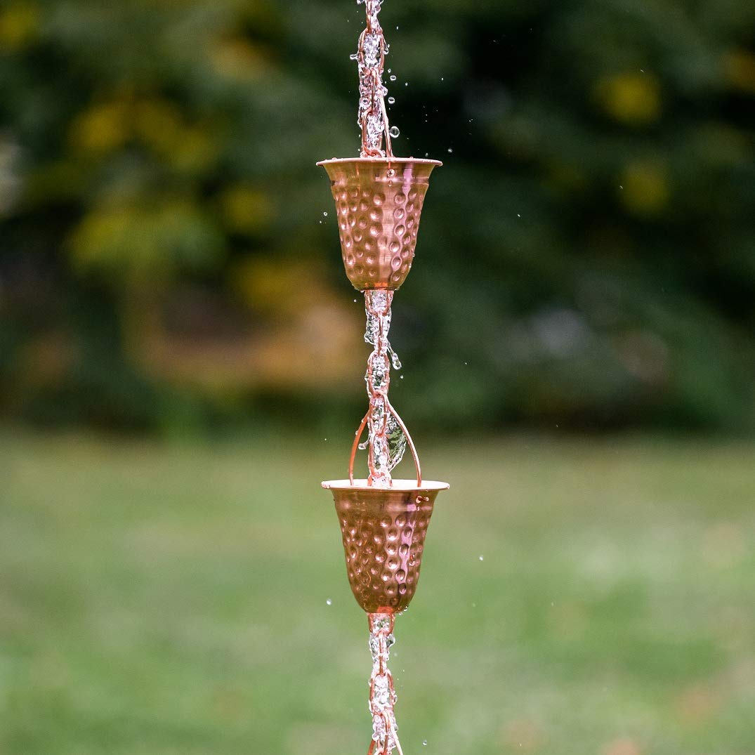 Marrgon Copper Rain Chain w/Gutter Adapter & Anchoring Basin – Decorative Chimes & Cups Replace Gutter Downspout & Divert Water Away from Home for Stunning Fountain Display – 6.5’ Long