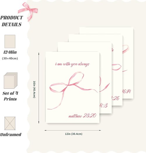 LARTSFRO Coquette Pink Bow Wall Art - Aesthetic Decor for Teen Girls | Set of 4 Unframed 12x16 Inch Prints