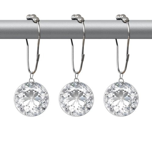 Crystal Shower Curtain Hooks Decorative Clear Bling Rings Cute Girly Glitter Luxury Elegant White Rhinestones Diamond Bathroom Accessories Rust Resistant 12 Pack (White)