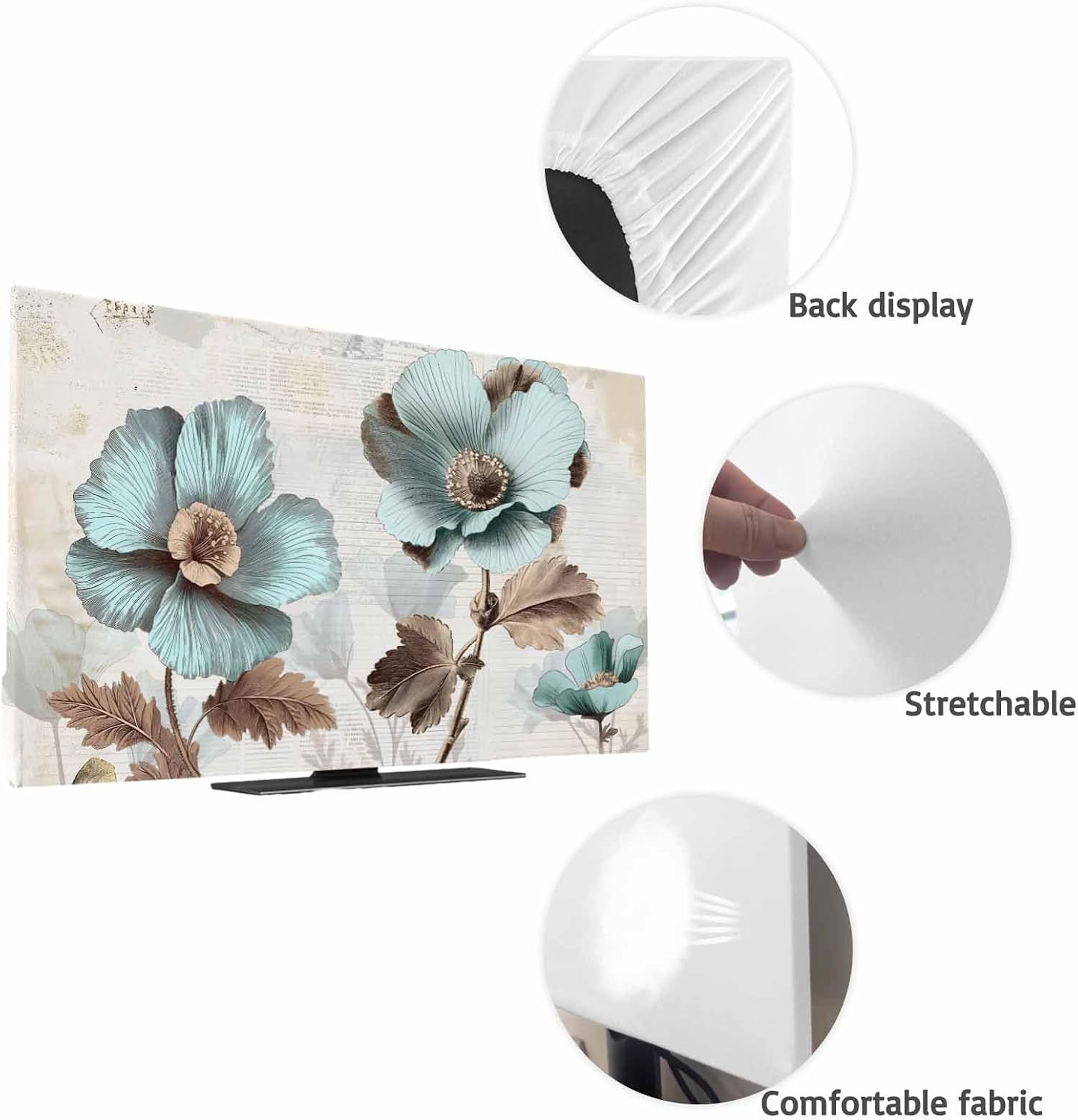 Yukro 85 Inch, 74"x42" Blue Broccoli Indoor TV Dust Cover, Vintage Flower Victorian Style Elastic TV Dustproof Cover