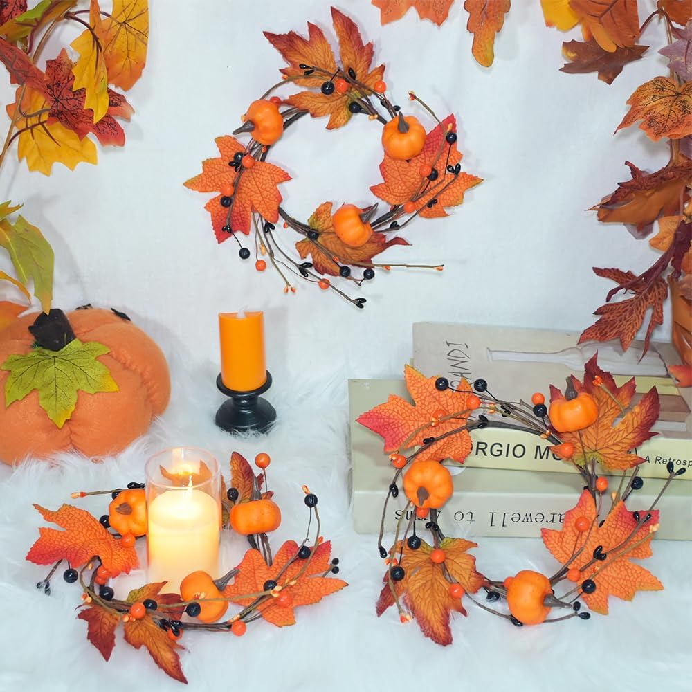 Skiennix 3-Piece Fall Candle Rings - Autumn Maple Leaves & Pumpkins | Perfect for Halloween & Thanksgiving Decor