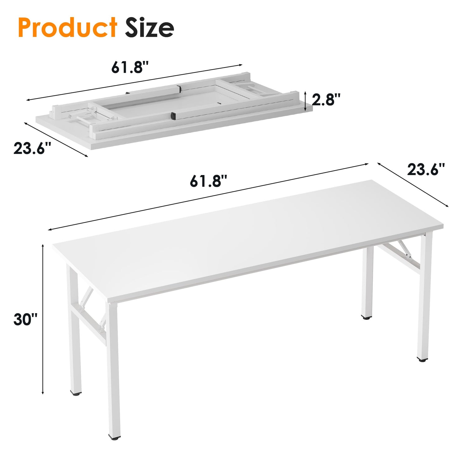 Need Folding Computer Desk, Large 62 inches Folding Table for Home Office, No Install Needed Foldable Writing Table Long Desk, Space-Saving, White