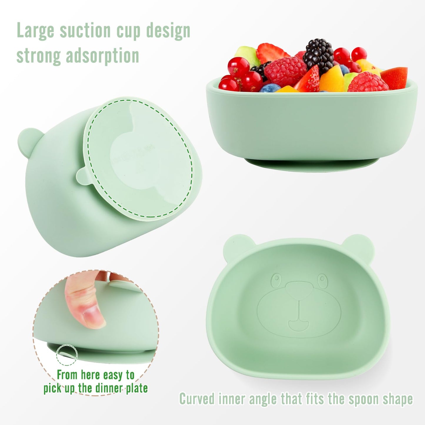 Silicone Baby Feeding Set, 8-Piece Baby Led Weaning Supplies Included Toddler Suction Plate, Bowl, Cup, 3 Spoons & 2 Safety Straps Keep Spoon, Fork & Bottle Off The Floor for Self-Feeding (Green)