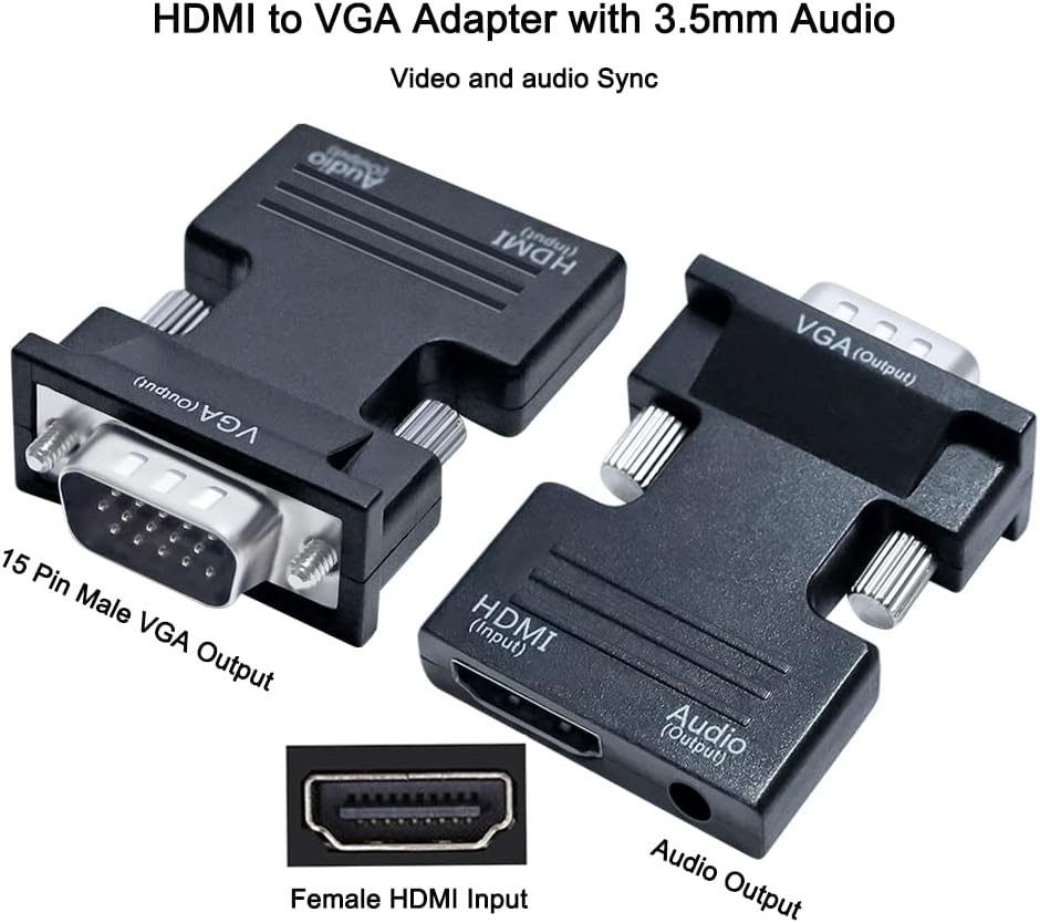 DTECH 3.5mm 1080P Directional HDMI to VGA Adapter with Audio Port (Laptop HDMI Source Output to VGA TV) for Old