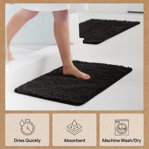 GORILLA GRIP Bath Rug Mat - Soft Absorbent Chenille | Quick Dry Microfiber, 70x24, Black