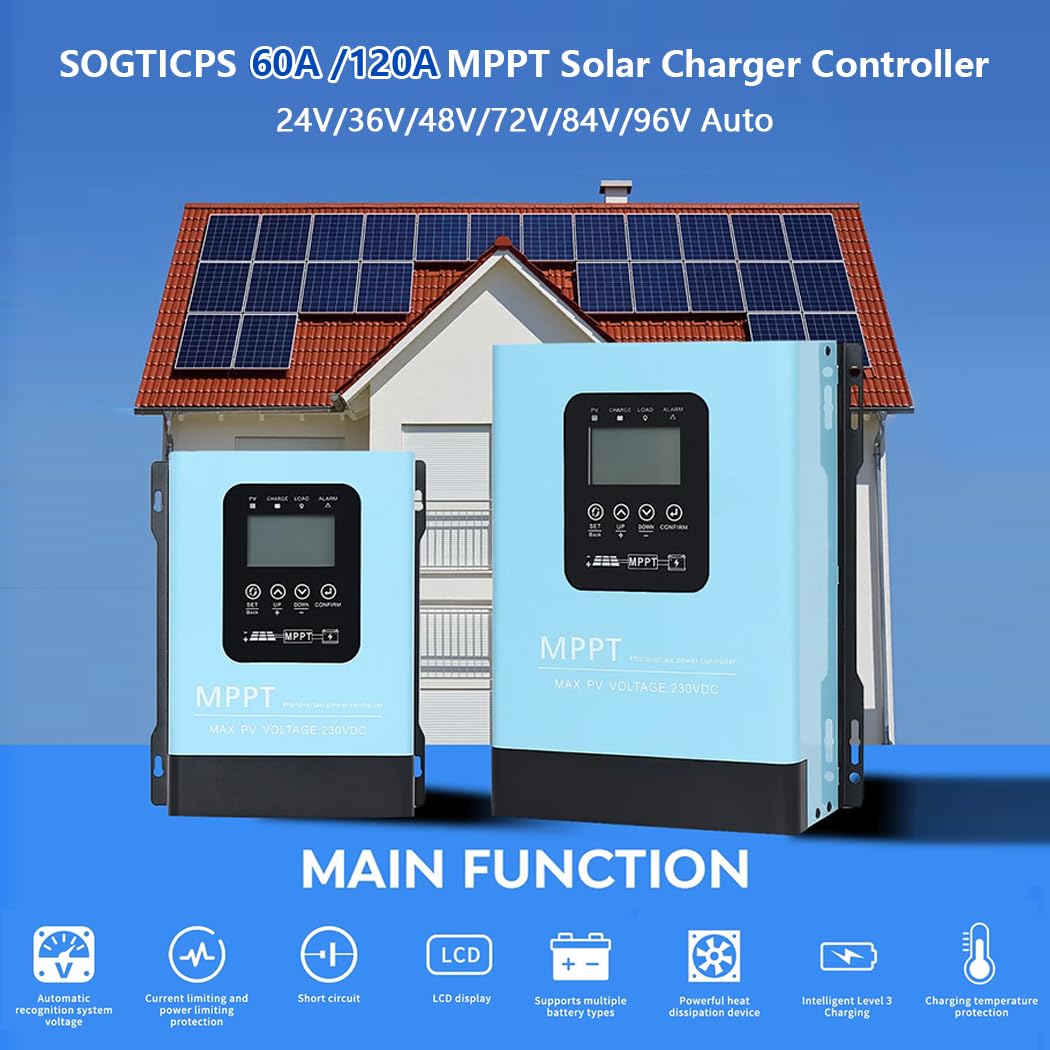 SOGTICPS 120A MPPT Solar Charge Controller,12V 24V 36V 48V 60V 72V 84V 96V Solar Battery Regulator PV Max 230V for Sealed Lead Acid Gel and Lithium Battery