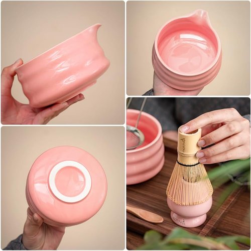 MatchAiA Matcha Whisk Set - Complete 7-Piece Kit with Ceramic Bowl, Bamboo Whisk, and Accessories | Pink