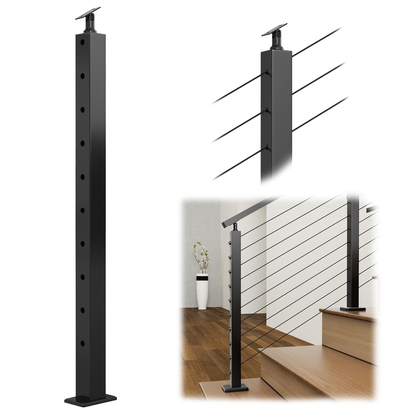 Muzata Black Stair Cable Railing Post 36 Inch for 25-35 Degrees Stair 36"x2"x2" Surface Mount T304 Stainless Steel Cable Railing System Kit Indoor Outdoor with Paper User Guide PS01 BA4S