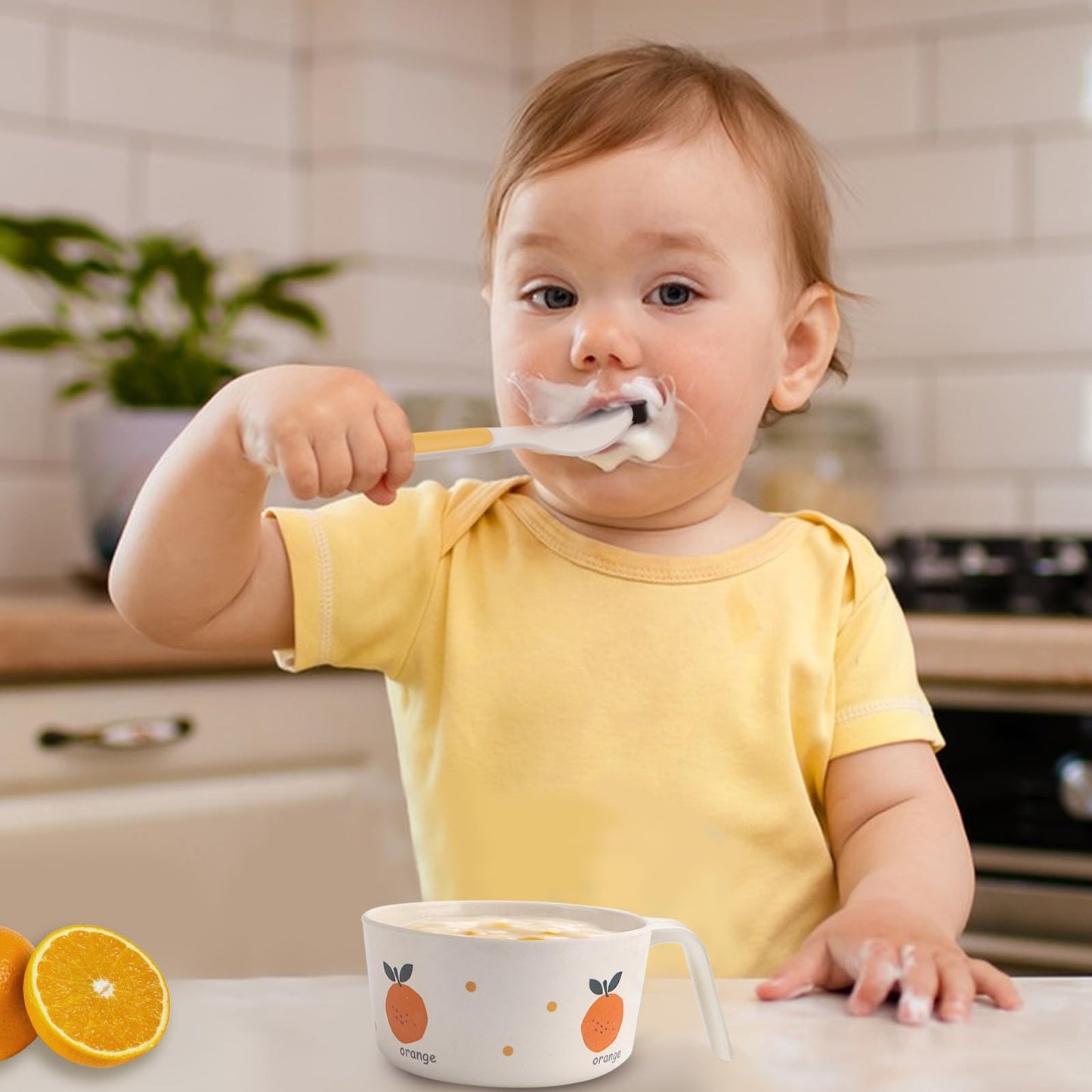 shopwithgreen Bamboo Kids Bowls Set, 4 Reusable Small Bowls for Baby Toddlers, Dinnerware Cereal Snack Soup Rice Bowl with 4 Spoons & Forks, Dishwasher Safe Bamboo Baby Food Bowls, BPA Free, 14.5 OZ