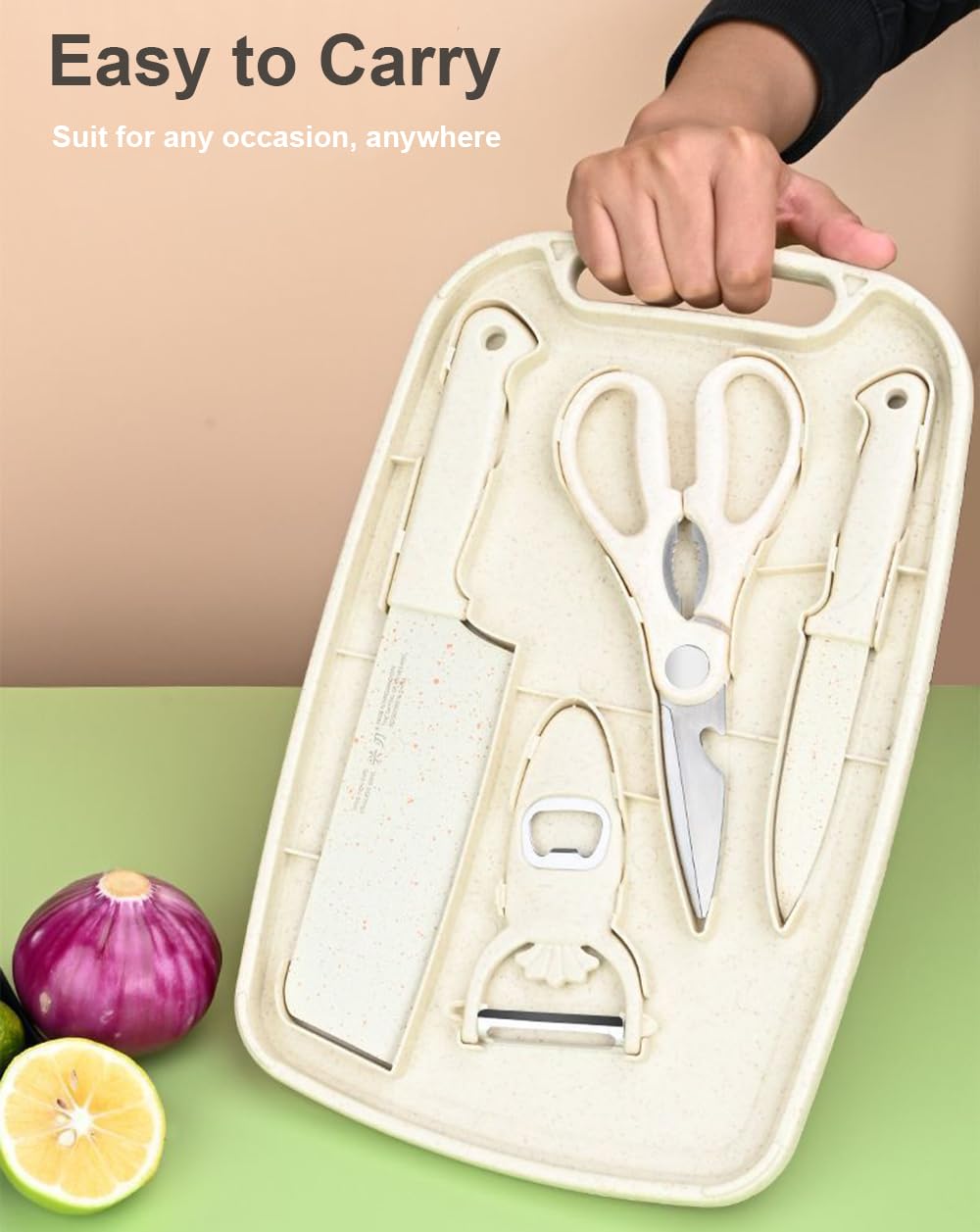 5 in 1 Mini Knife and Cutting Board Set, Small Cutting Board Camping Cutting Board Cutting Board Scissors, Smart Cutting Board and Knife Set, Dorm Kitchen Essentials Travel Knife Set (Wheaten)