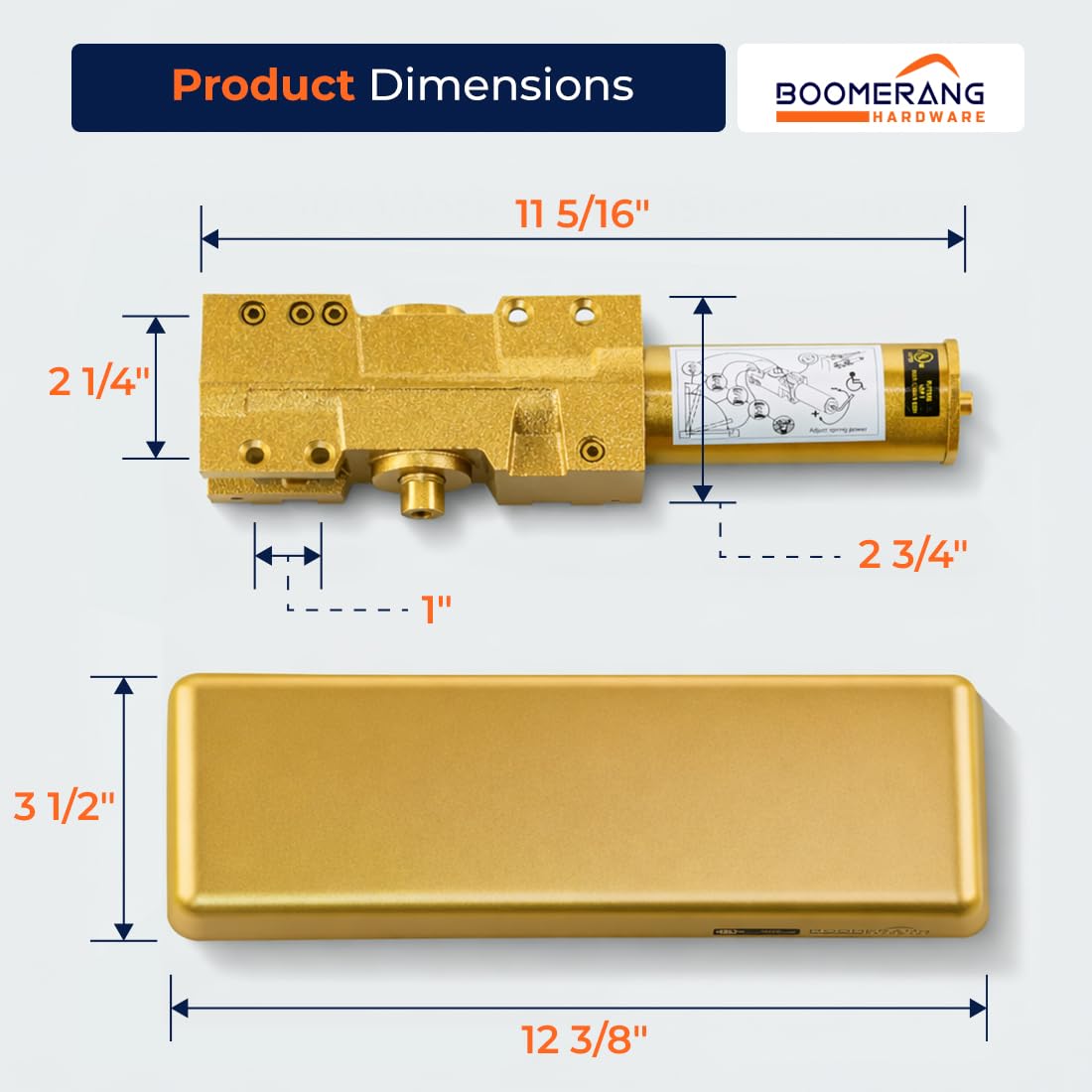 Boomerang Extra Heavy Duty Designer Auto Commercial Door Closer - D9016- Surface Mounted, Grade 1, Cast Iron, UL 3 Hour Fire Rated & ADA for High Abuse & Extreme Traffic Doors, Satin Brass/Gold (US4)
