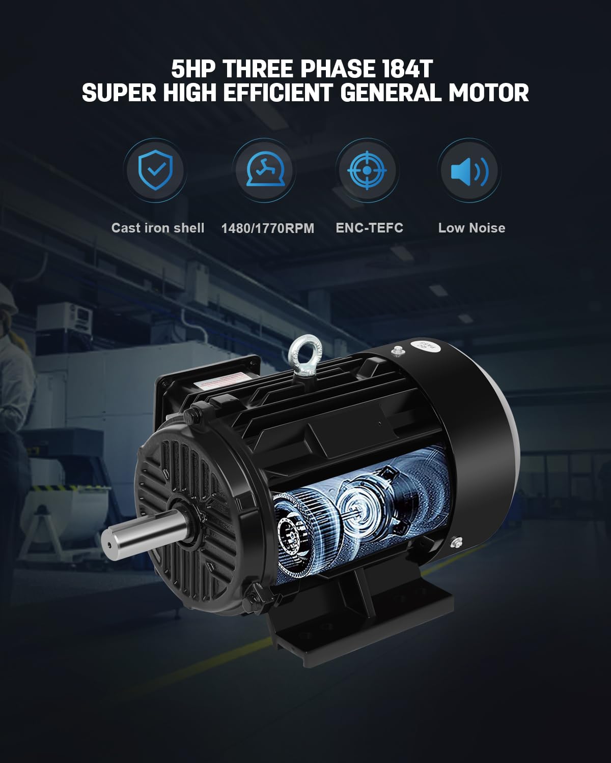 5HP Electric Motor Three Phase 1480/1770 RPM,184T Frame,1-1/8"Shaft Diameter CW/CCW Cast Iron Shell Air Compressor Motor