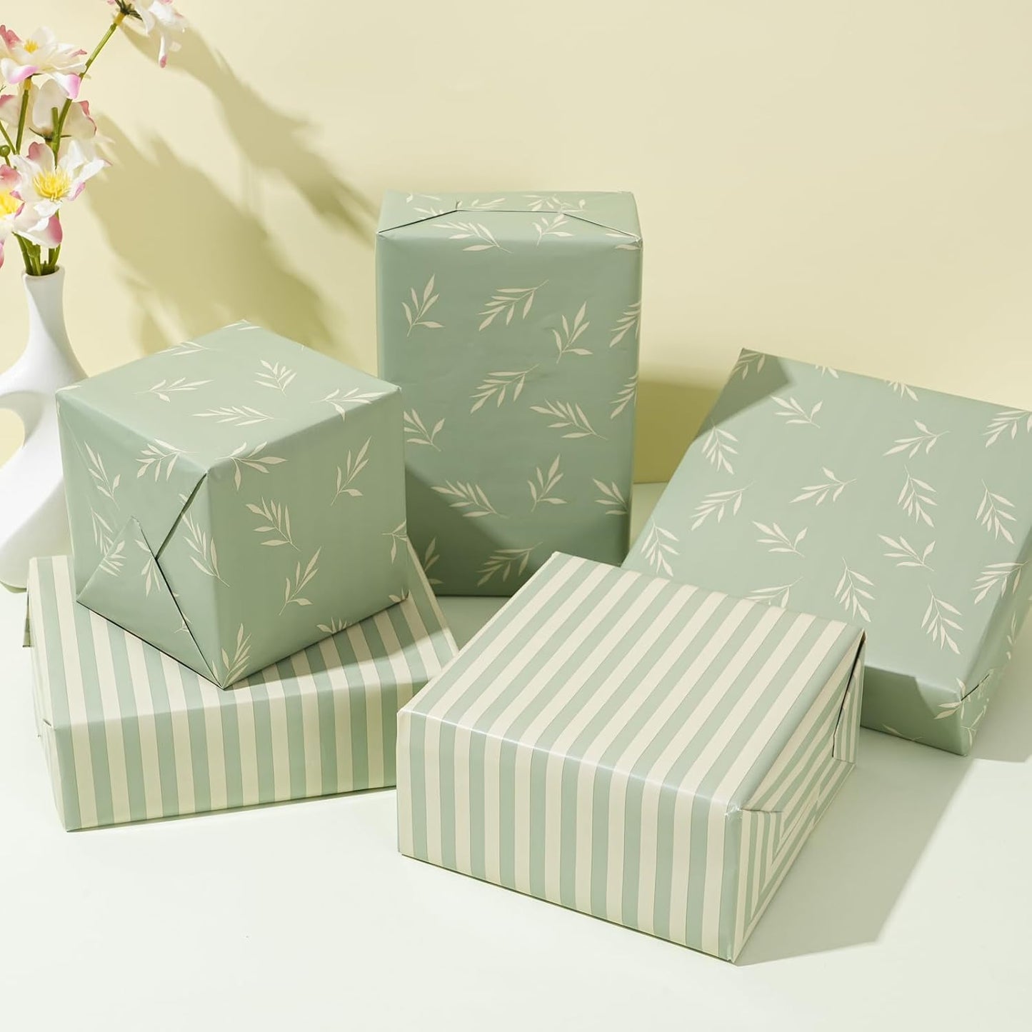 ZINTBIAL Reversible Gift Wrapping Paper Roll - Light Green & Beige Leaves Design - 17.5" x 33' (48 sq. ft.)