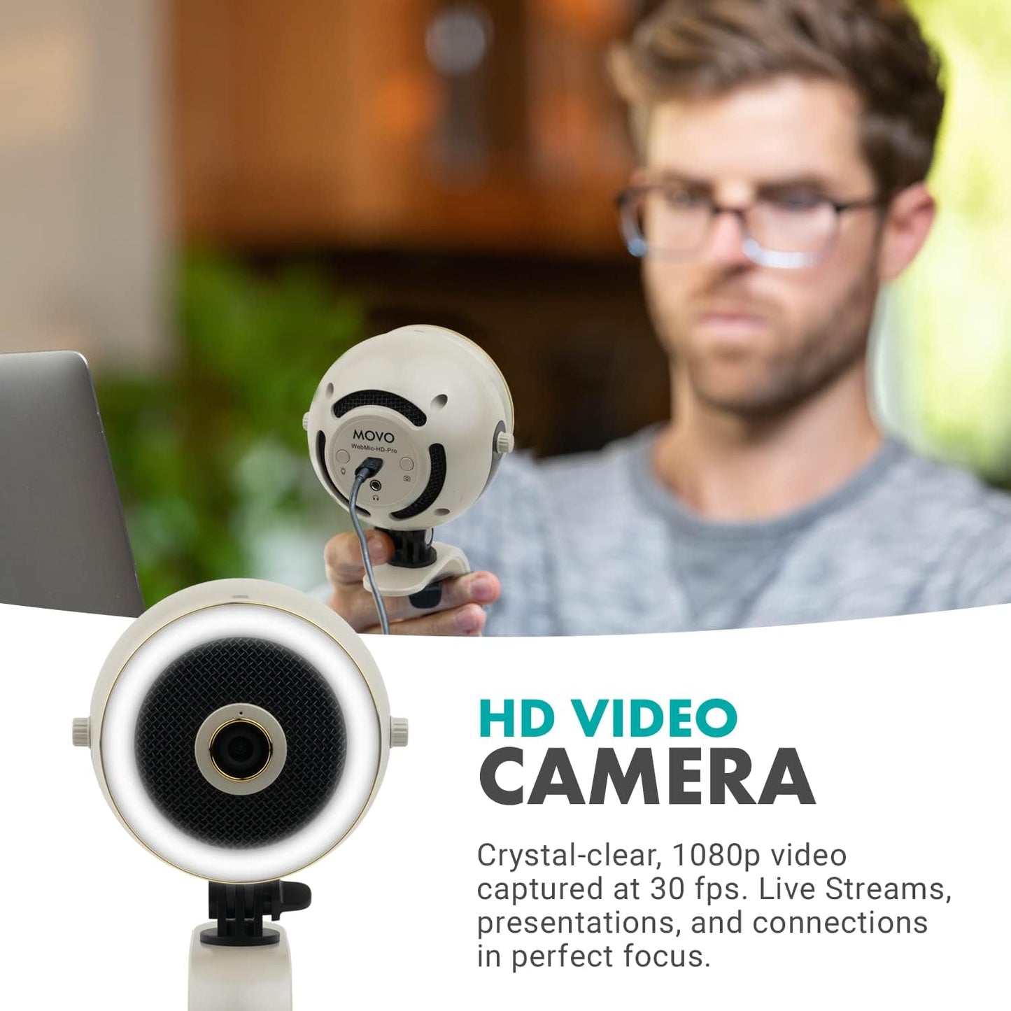 Movo 1080p WebMic HD Pro All-in-One Webcam with Mic and Ring Light in Pearl White- HD Camera, Pro Cardioid Condenser