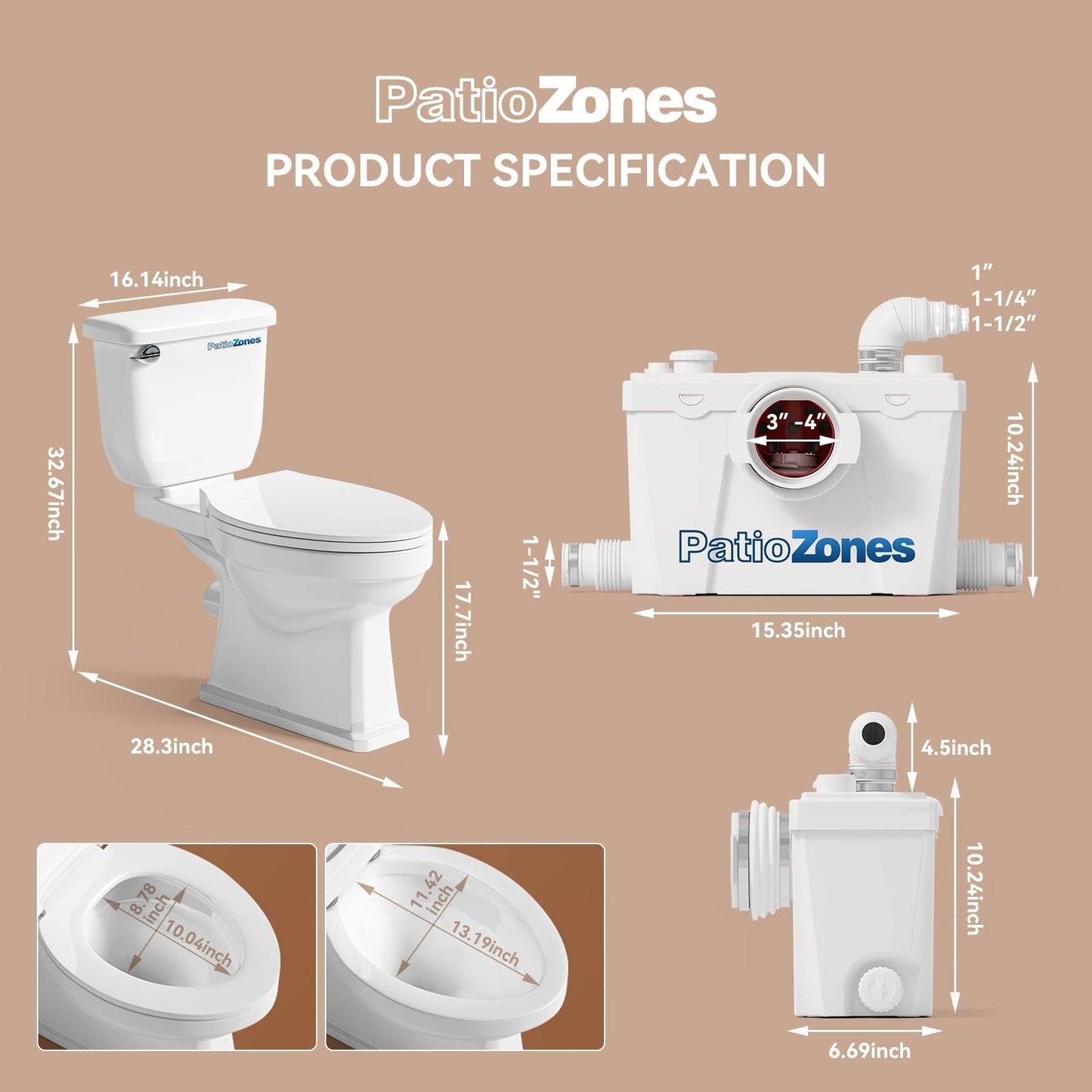 2026 Macerating Toilet System, 17.7" Tall Elongated Toilet with Grinder Pump for Basement Bathroom Sink/Shower/Laundry Wastewater Upflush, Quiet Copper Motor, Less Consumption, Nano-glaze Coating