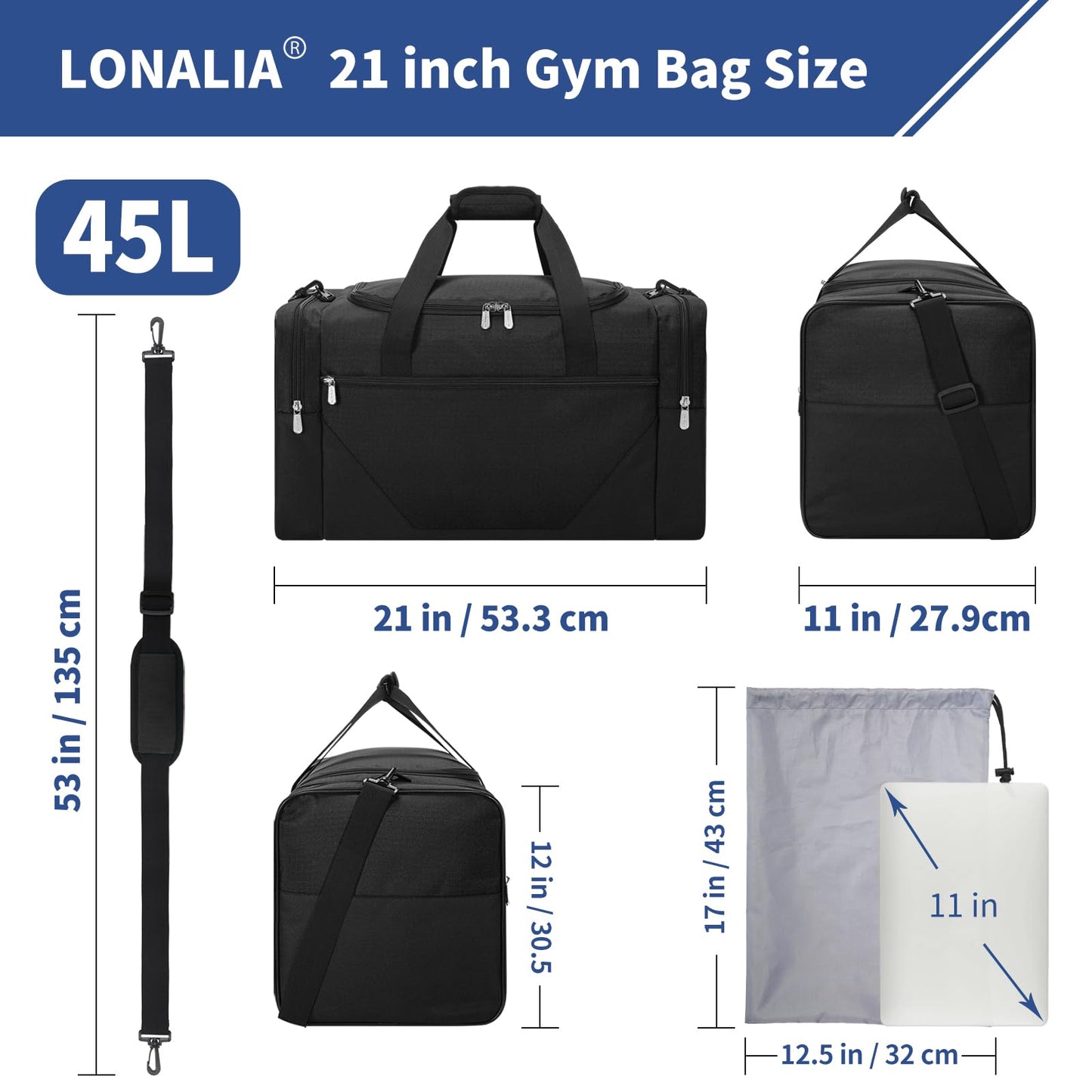 LONALIA 45L Sport Duffle Bag for Men - 21 inch Duffle Bag with Shoe Pouch and Wet Pocket for Travel, Workout, Fitness, Training (Black)