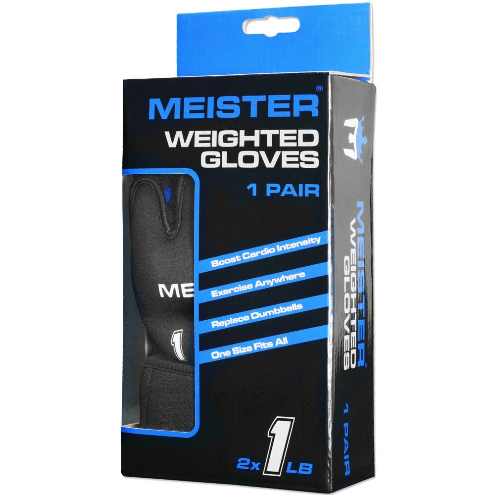 Meister Elite 1lb Neoprene Weighted Gloves for Cardio & Heavy Hands (Pair) - 1lb x 2 - Black/Blue