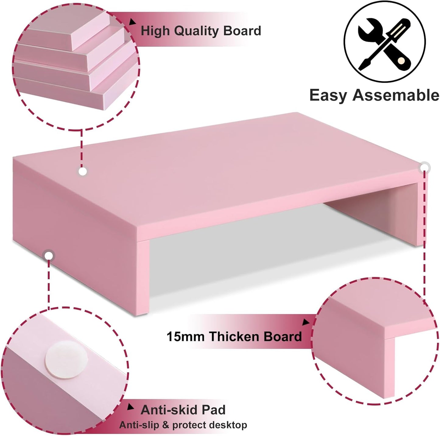 (Pink-14.2 inch) TEAMIX Pink Monitor Stand Riser, Wood Monitor Riser with Storage for Desk Small Monitor Stand