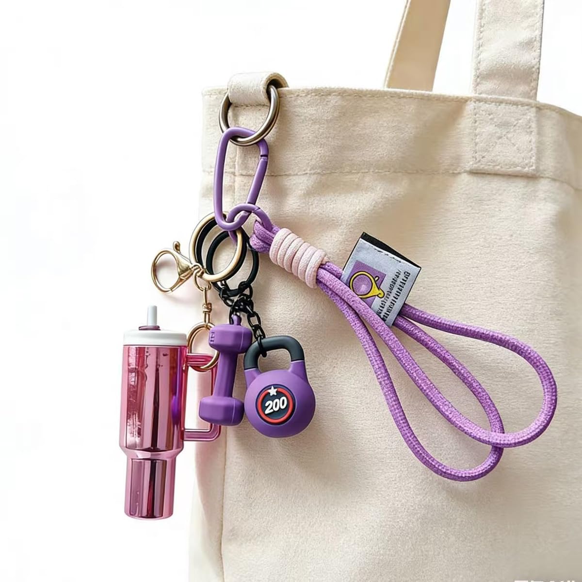 Pomelo Life Purple Fitness Wristlet Keychain - Dumbbell, Kettlebell and Tumbler Cup Charm, Sporty Bag Gift for Gym Lovers Women