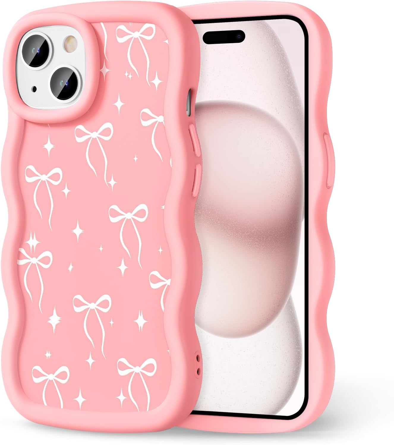 CASBST 15 15 Compatible with iPhone Case for Women Girls, Curly Wavy Frame with Cute Pattern, Aesthetic Slim Soft