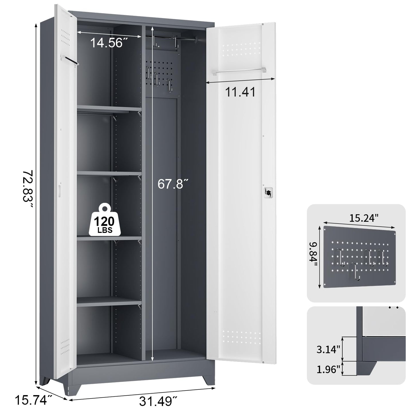 FATIGOS 72.8" H Metal Garage Storage Cabinets with Doors and Shelves, Broom Closet Storage Cabinet, Tool Cabinets with Hanging Rod, Cleaning Storage Cabinets for Garage,Bedroom Office Grey&White