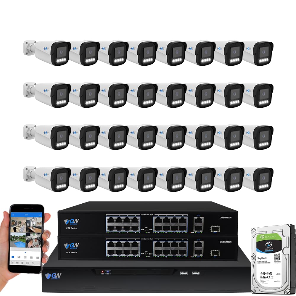 GW Security UltraHD 4K Face Recognition Two-Way Audio 32 Channel Security Camera System with 32 x 8MP Real-Time Full Color Night Vision Outdoor & Indoor AI PoE Bullet Cameras, NDAA & TAA Compliant