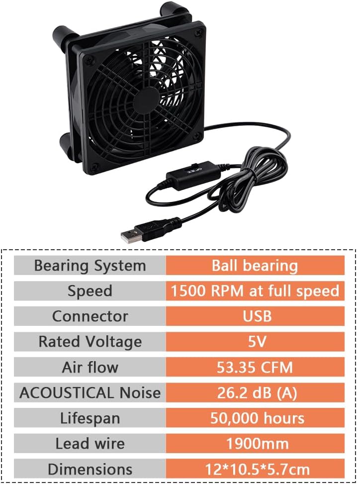 120mm 3-Degree 5V Quiet Router Fan Cooler with L/M/H Speed Controller, DC USB Powered Cooling Case Fan for Router Modem