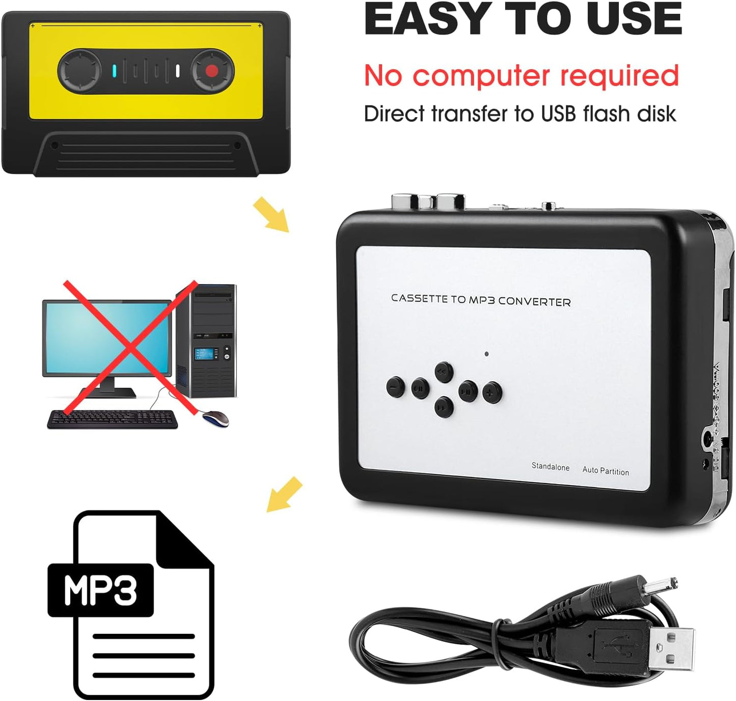 Wendry Cassette mp3 Cassette MP3 7/8 Converter, Portable Tape to Converter USB Flash Drive Capture Audio Music Player