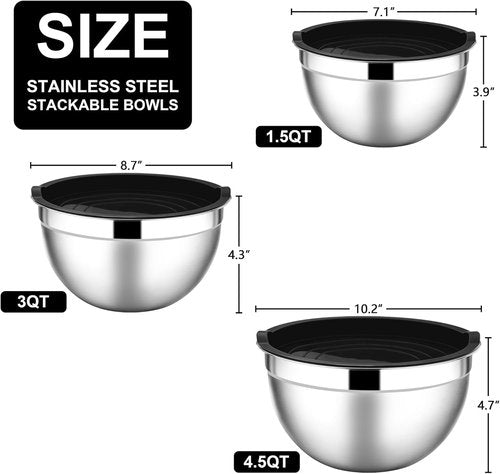 E-far Stainless Steel Mixing Bowls - 6-Piece Set with Airtight Lids | Stackable Design, 4.5 QT, 3 QT, 1.5 QT (Black)