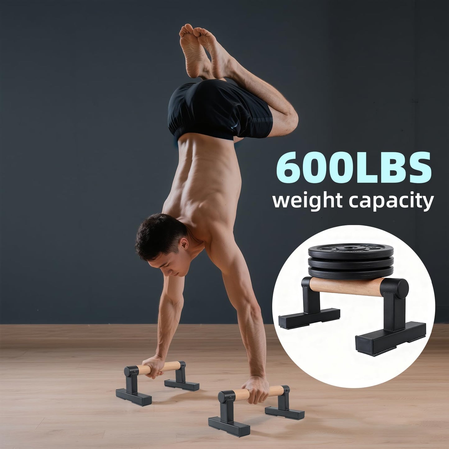 BESTWEI 1 Pair Solid Wooden Parallettes Bars for Calisthenics, Heavy Duty Metal Brackets Pushup Handles Home Floor Workout Push Up Bars, Gymnastics Handstand Training Bar 600LBS-12inch