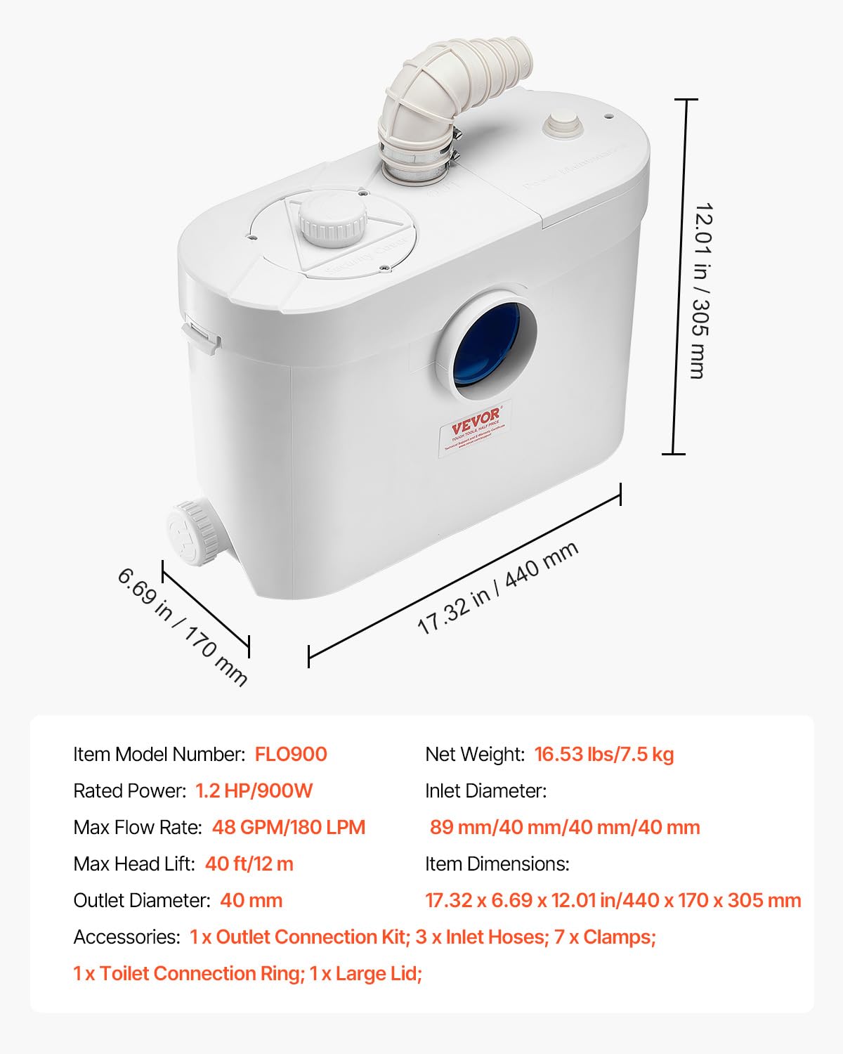 VEVOR 900W Macerator Pump, 48 GPM Flow, 40 ft/12 m Head, Macerator Sewerage Toilet Pump with 4 Water Inlets, Waste Water Disposal Upflush Machine for Toilet, Basement, Shower, Sink, Laundry, Bathtub