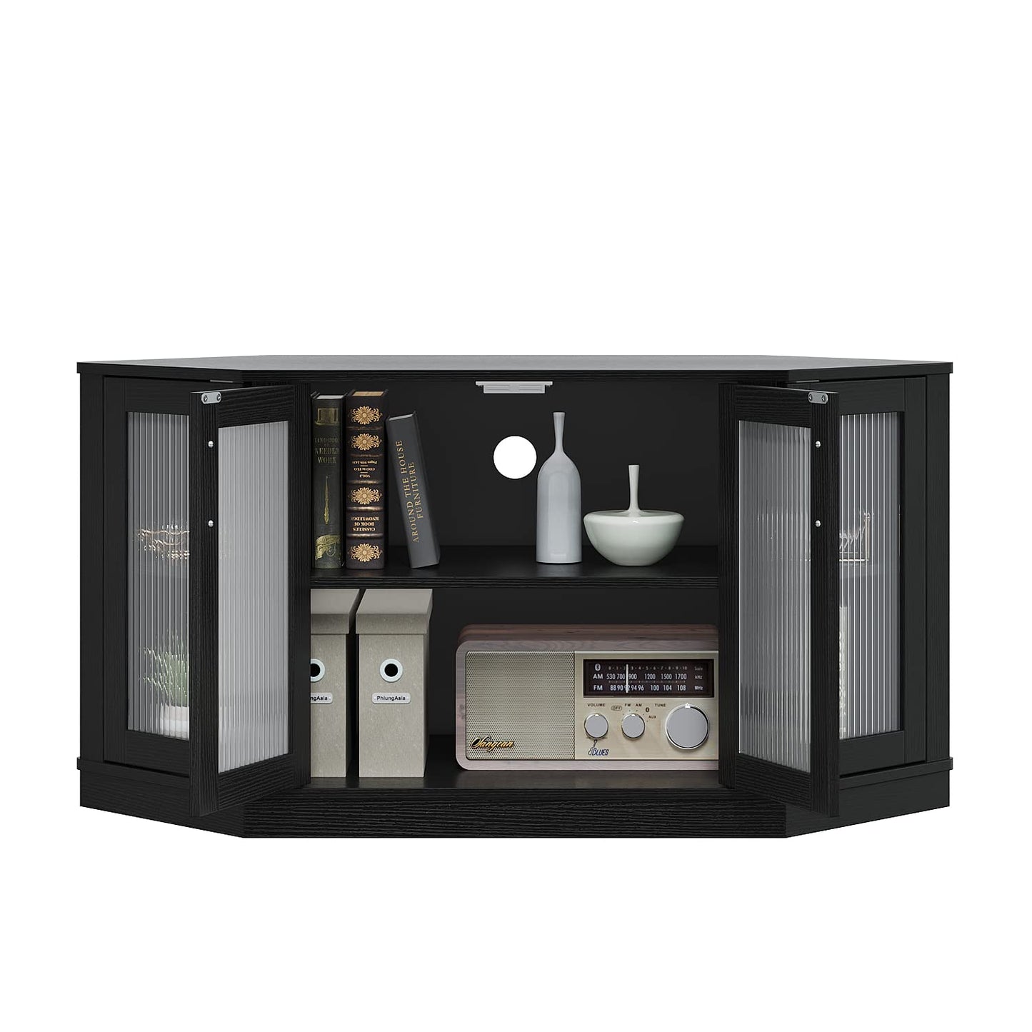 Panana Corner TV Stand - 47 Inch Media Console with 4 Doors and Shelves, Living Room Storage Entertainment Center for TVs up to 51 Inch (Black)