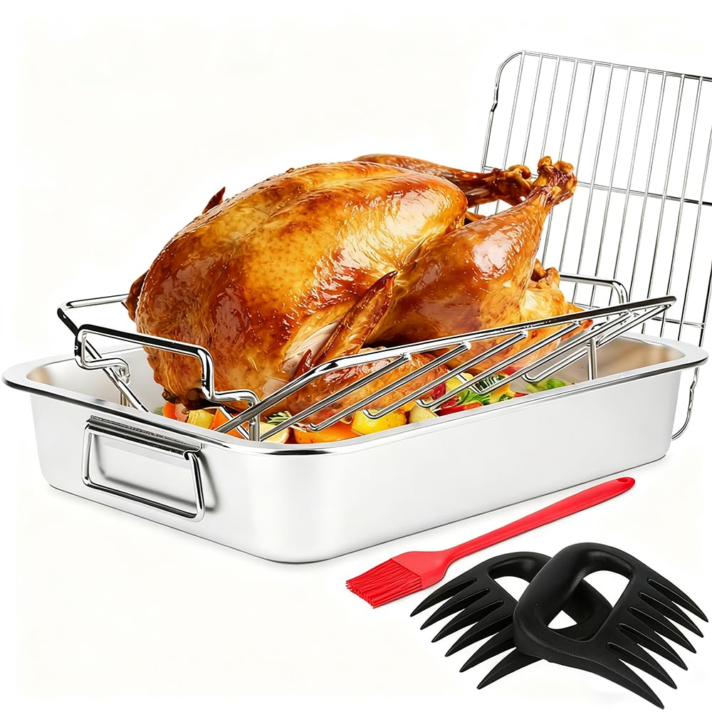 Roasting Pan Kit 15.5x11.5 Inch, Stainless Steel Turkey Roaster Baking Pan for Ovens-Heavy Duty Turkey Roaster V Rack & Cooling Rack, Deep Broiling Pan for Thanksgiving Christmas,Dishwasher Safe