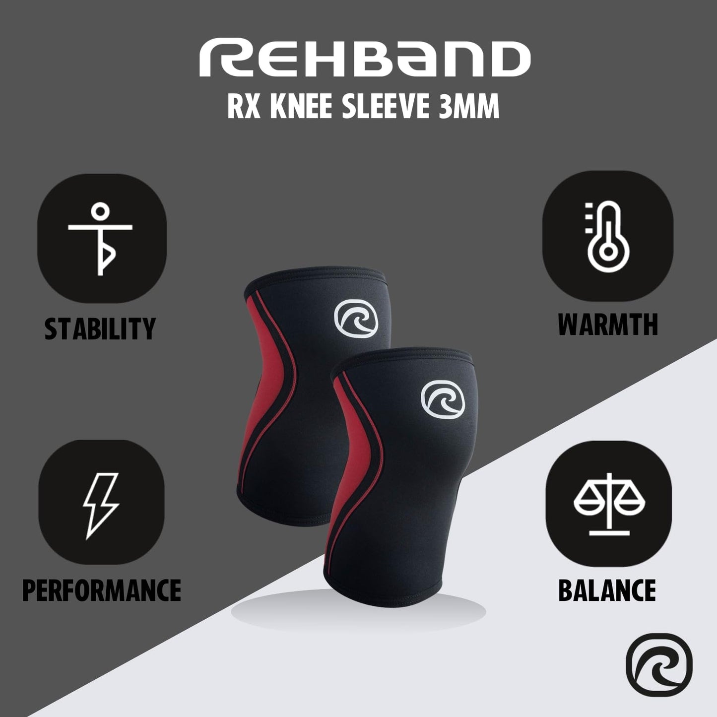 Rehband Knee Sleeve 3mm Neoprene, Lightweight Knee Brace for Endurance and Ball Sports, Unisex Compression Starter Knee-Sleeves, Breathable Running Knee Support, Colour:Black/Red - 1 Pair, Size:Large