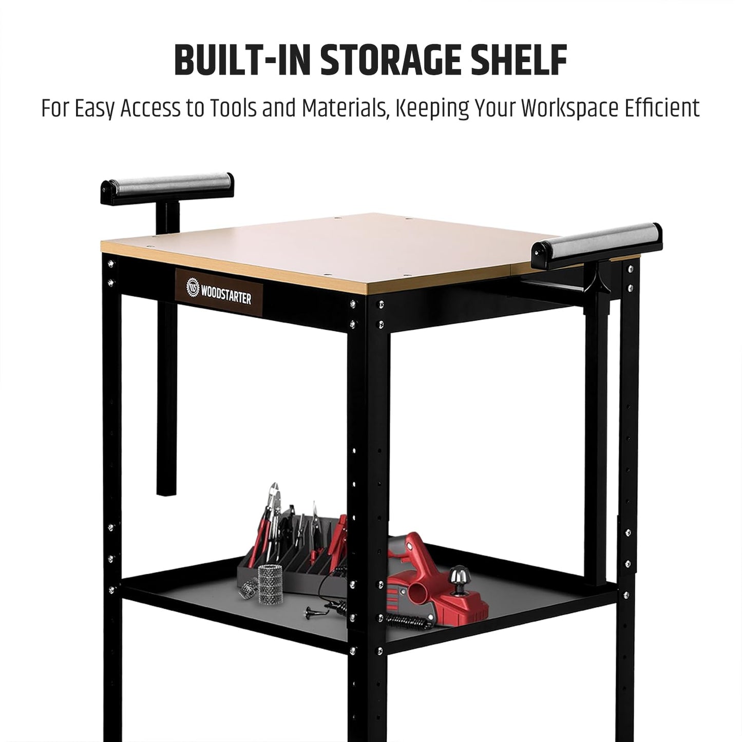 WOODSTARTER Planer Stand with Integrated Mobile Base and Storage Shelf, 58”×21”×38”, 500 lbs Load Capacity, 6 - Level Height Adjustment