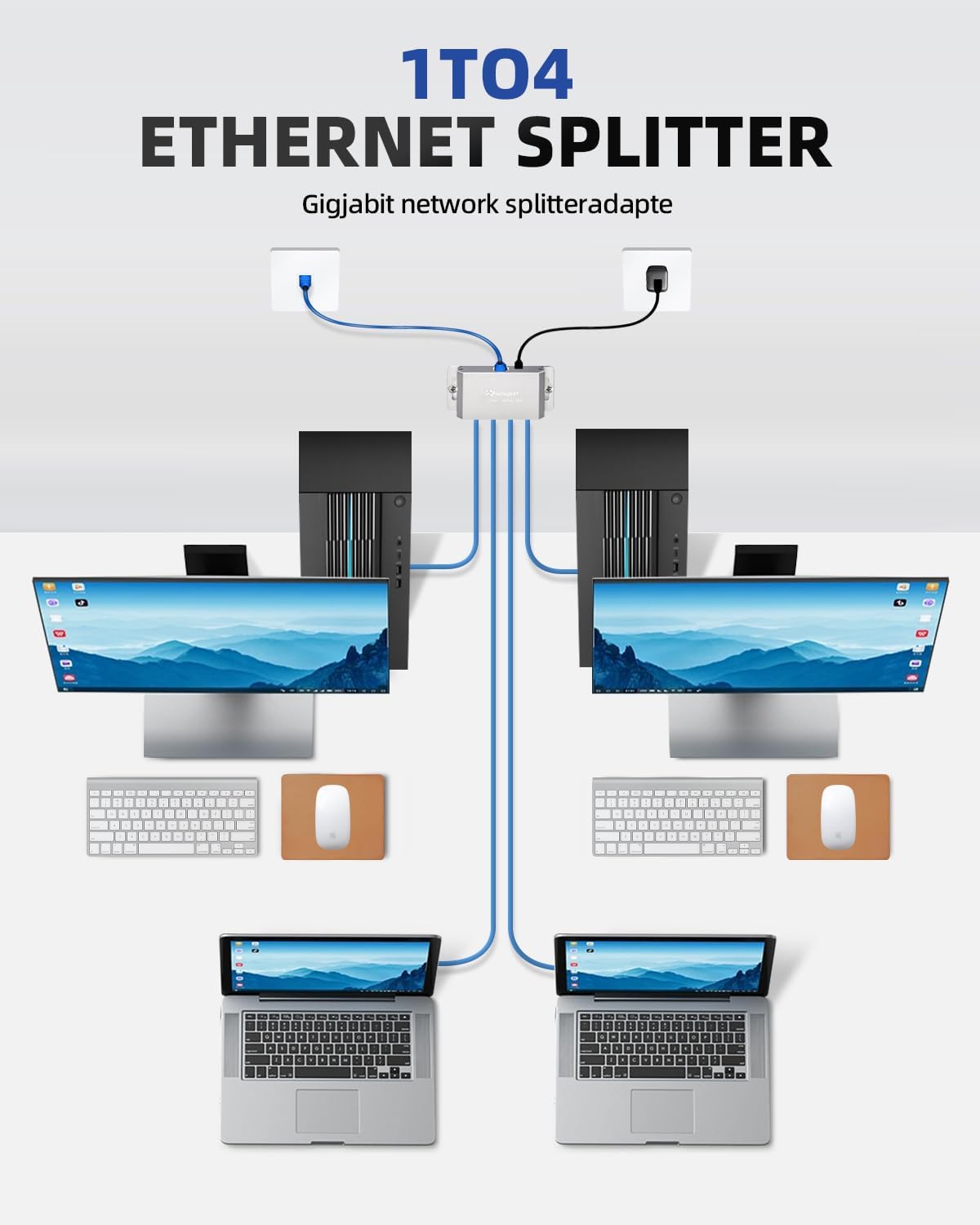 WinRaybot 4 1 4 PS5, 1000Mbps Port Gigabit Ethernet Splitter to - Powered Network Switch with Wall Mount Ears for Home