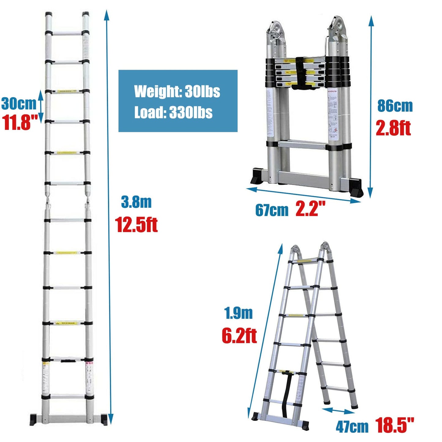 A-Frame Telescoping Ladder 12.5ft 6 + 6 Steps Adjustable Height with Support Bar Anti-Slip Feet, 330lbs Max Load, Folded Height 2.7ft Space Saving Easy to Transport, Heavy Duty RV Home Ladder