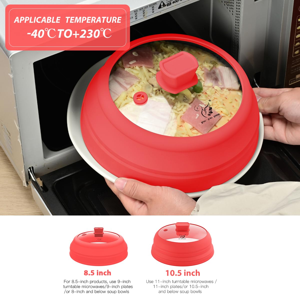 Microwave Splatter Cover Glass Splatter Guard Lid with Collapsible Silicone for Small Bowls Food Plate Cover 9 inch Red