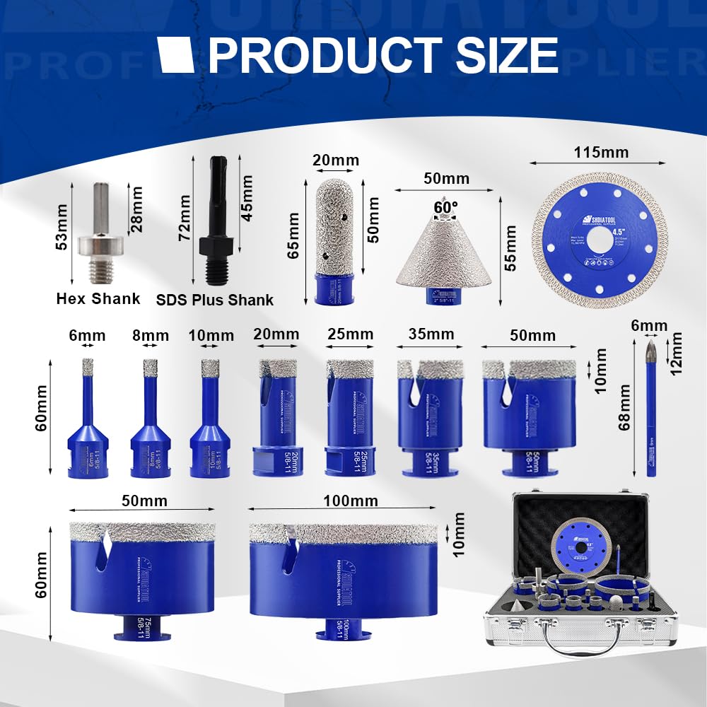 SHDIATOOL Diamond Tile Drill Bits Kit 15pcs, Porcelain Hole Saw Sets, Core Bits Cutter for Drilling Ceramic Marble Granite (6/8/10/20/25/35/50/75/100/20MM/2/SDS/HEX/6MM/4.5”)
