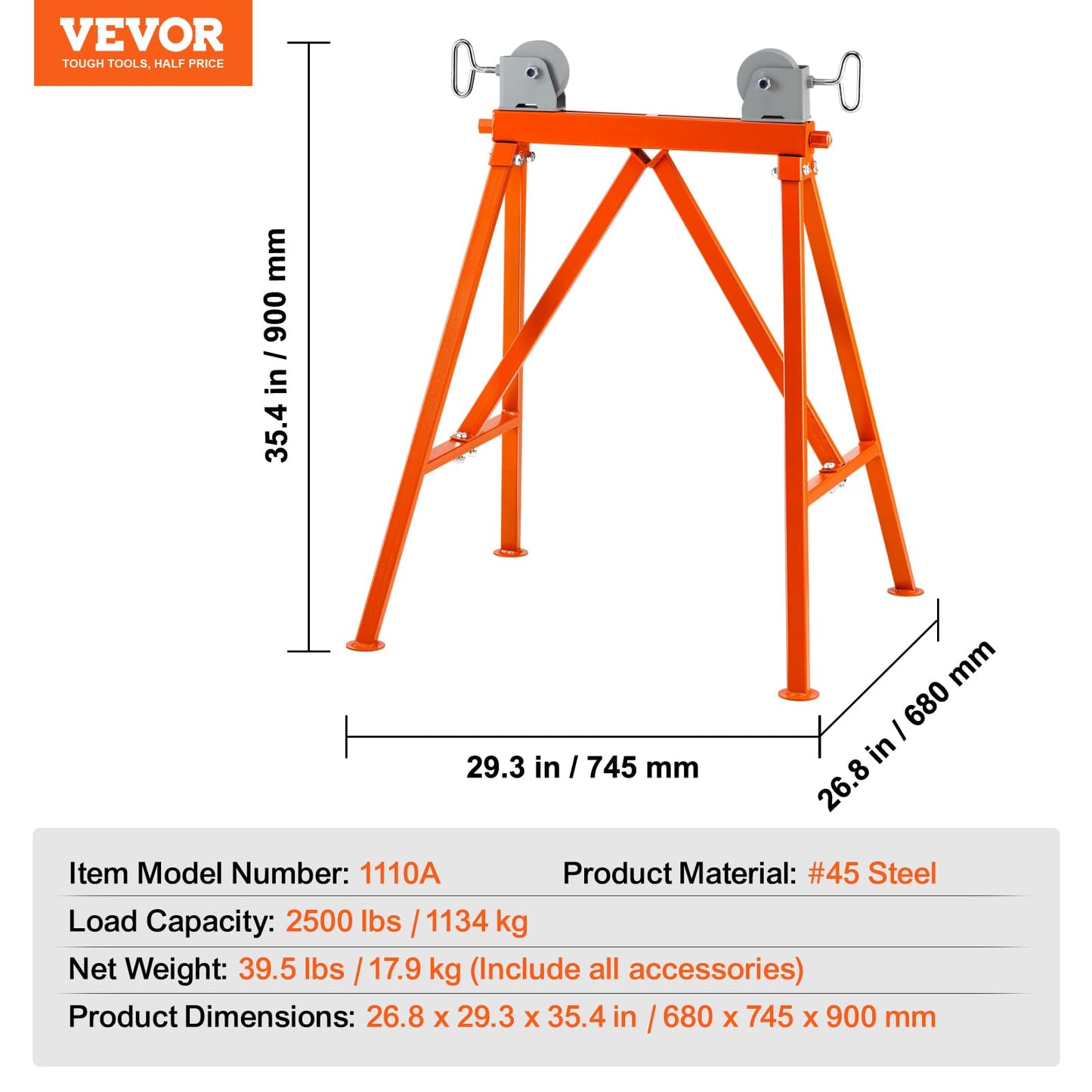 VEVOR Pipe Stand with Roller Head, Heavy Duty 2500 LBS Load Capacity, Suitable for 2-36 inches Pipes, 45# Steel Roller Pipe Stand for Welding