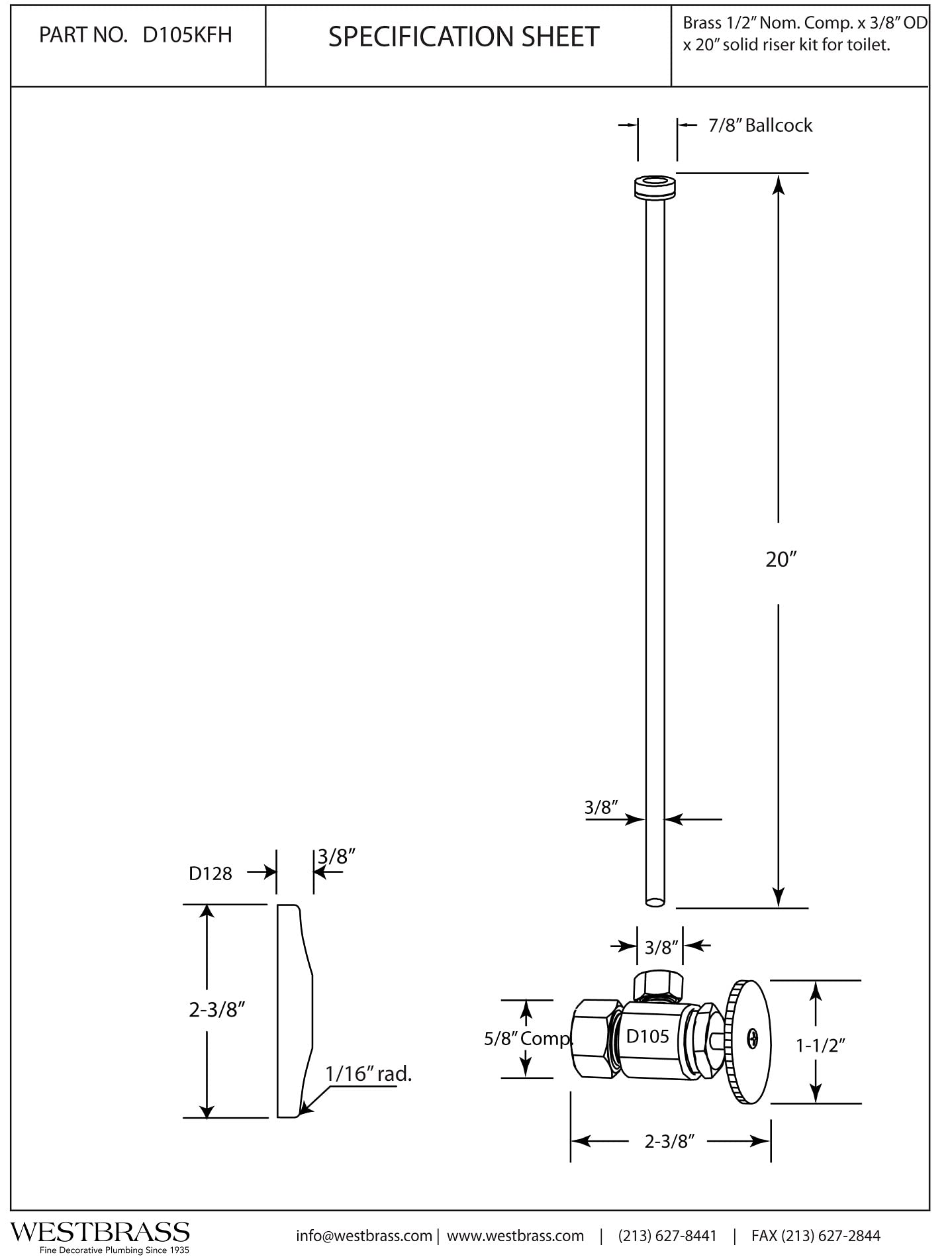 Westbrass D105KFH-24-50 5/8" x 3/8" OD x 20" Flat Head Toilet Riser Supply Line Kit with Round Handle Angle Supply Shut Off Valve, Powder Coat White (24-Pack)