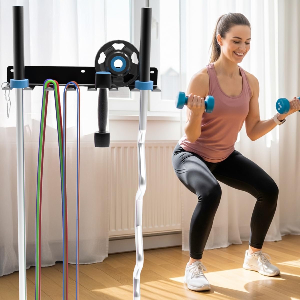 yuyiqi Multi-Purpose Gym Equipment Storage Rack, Wall-Mounted Heavy Dudy Home Gym Accessory Storage Rank for Resistance Bands, Barbells, Lifting Belts, 8 Prongs