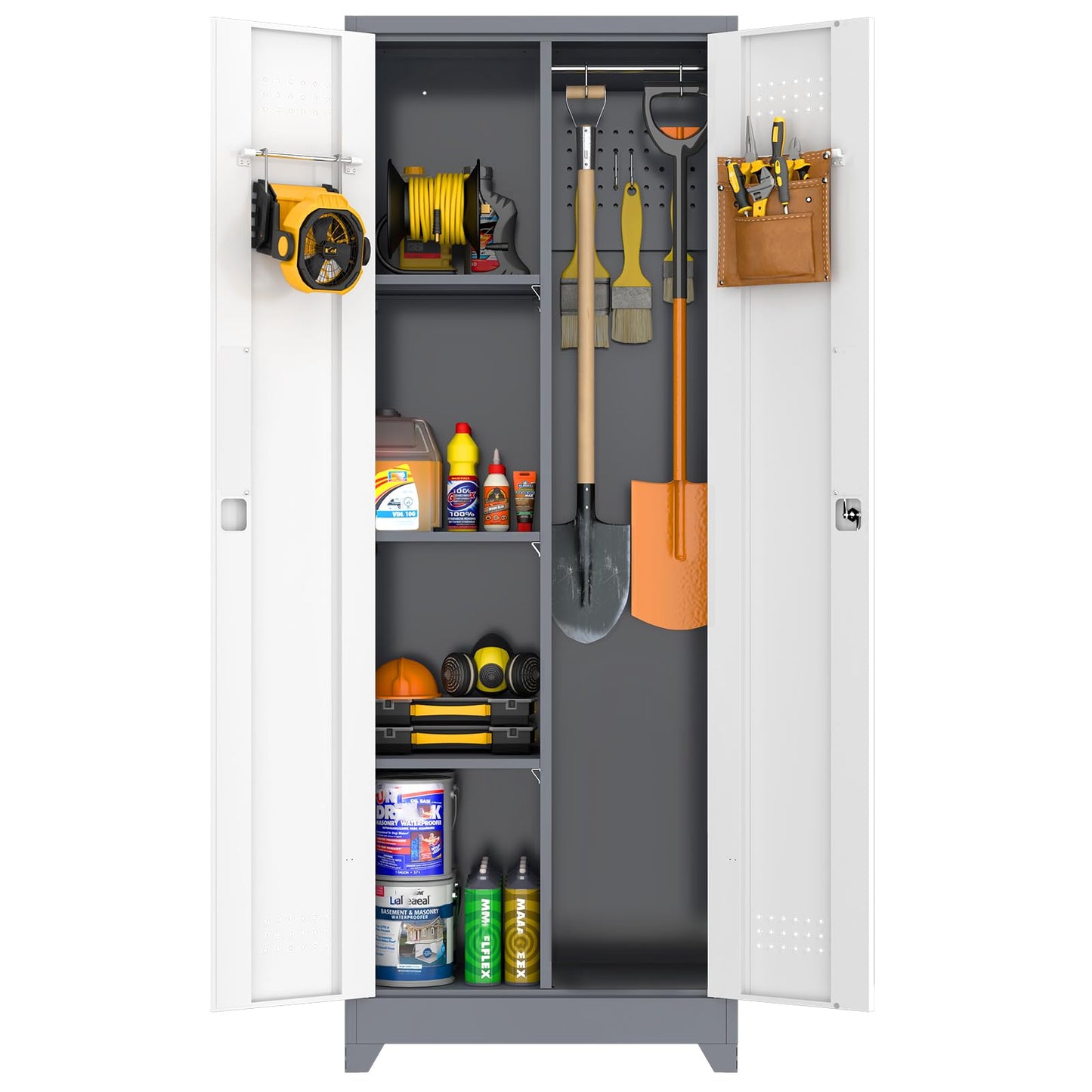 GREATMEET 65'' Garage Storage Cabinet, Broom Closet, Metal Utility Cabinet for Cleaning Supply with Pegboard, Lockable Doors, Adjustable Shelves for Garage, Home, Gray White