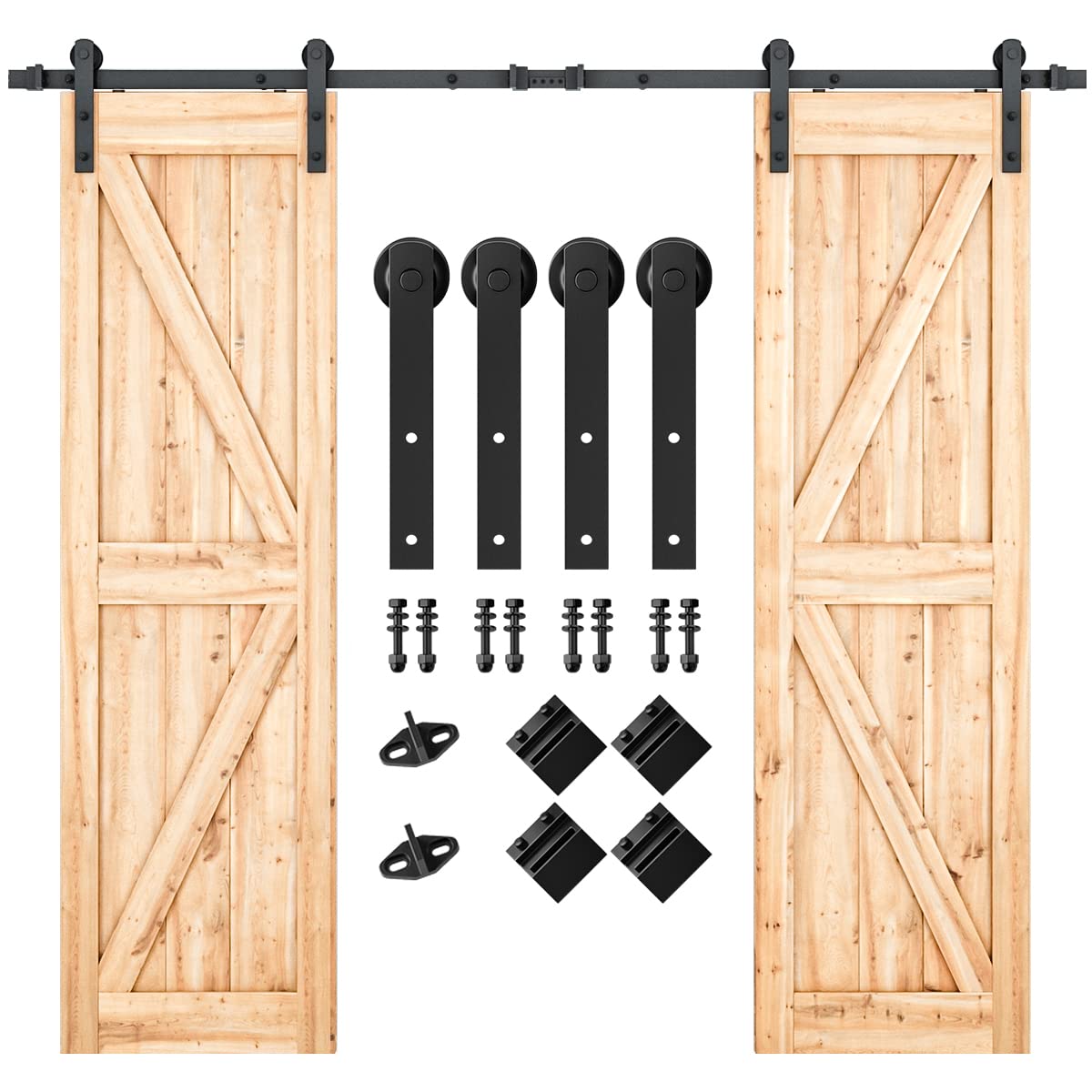SMARTSTANDARD 8 FT Double Barn Door Hardware Kit - Heavy Duty, Smooth and Quiet Sliding Operation - Easy to Install with Step-by-Step Installation Instruction - Fits 24" Wide Door Panels