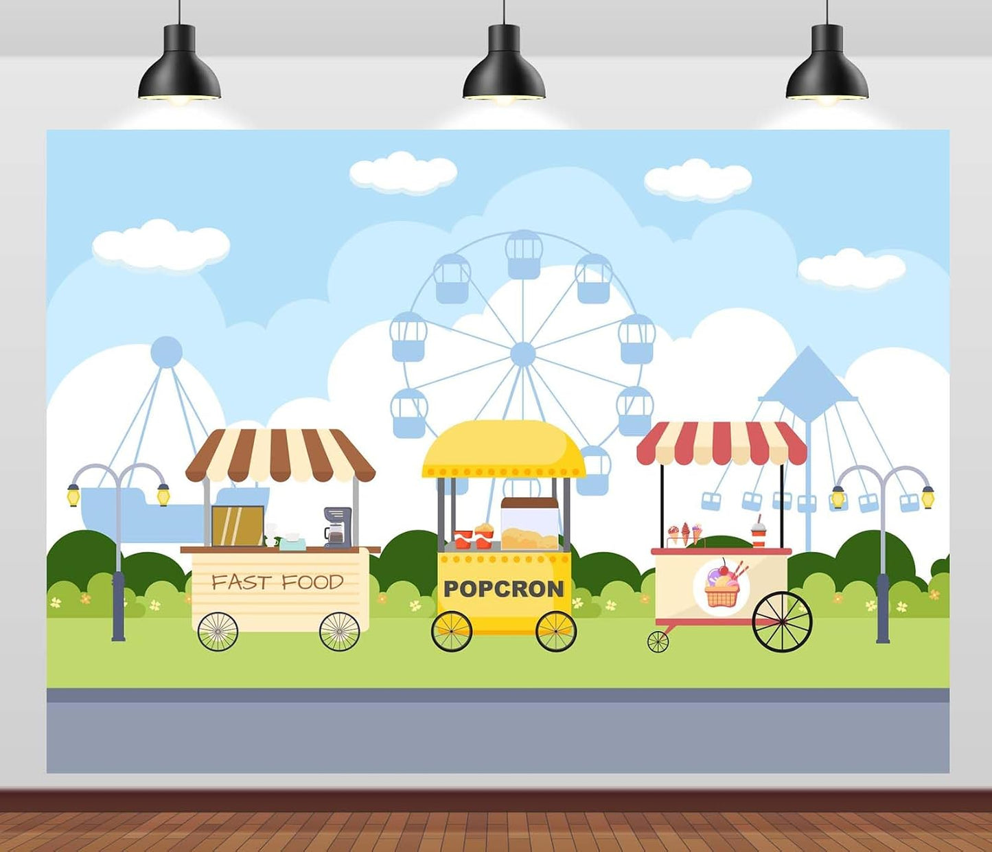 CORFOTO 10x8ft Fabric Carnival Food Cart Backdrop Ferris Wheel Fast Food Popcorn Ice Cream Fair Scene Photography