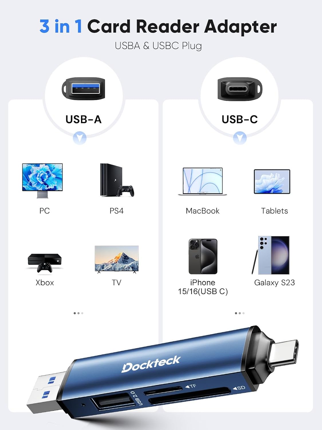 dockteck 5G USB3.0 3-Slot SD/SDHC/SDXC/MMC, SD Card Reader Adapter, Super Speed SD/TF Card Reader, USB A/C to SD/Micro